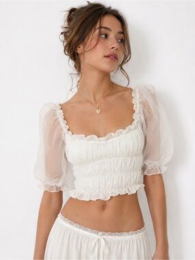 Pitaya Fairycore Organza Puff Sleeve Milkmaid Crop Top Sz L NWT